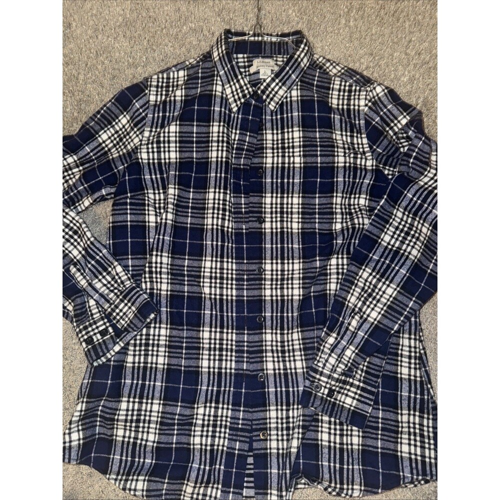 LL Bean Womens Flannel Shirt Slightly Fit Button Up Blue Plaid Shacket Lg